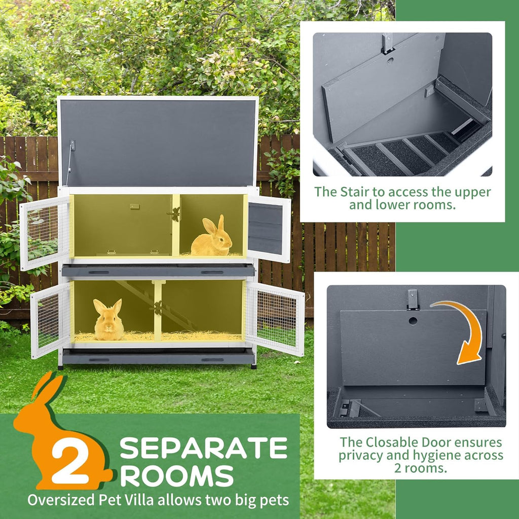 2-Story Solid Wood Rabbit Hutch with 2 Main Rooms, Grey - GlobalHabitat Supply