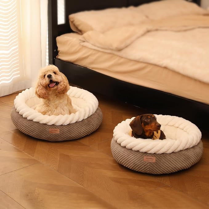 FUKUMARU Dog Bed, Calming Donut Dog Beds, Plush Faux Fur&Corduroy Cat Beds - Image 9