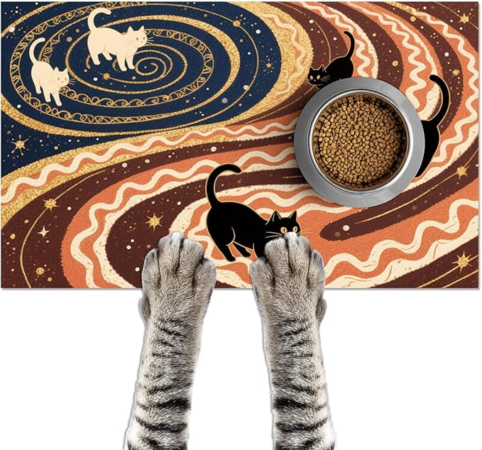Pet Feedings Mats 20x12 inch Black Cat Design Pet Bowl Placemat Non Slip Mat by HOMETITUTE