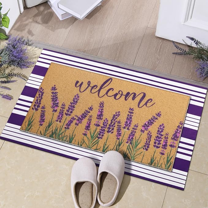 Tinideya 2 Pcs Lavender Door Mat Purple and White Stripe Welcome Non Slip Coir - Image 3