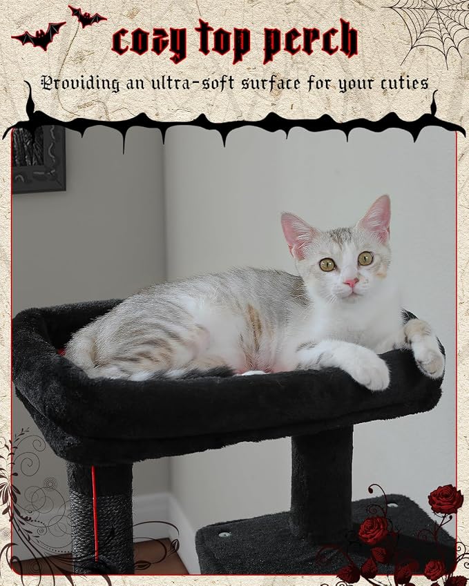 Gothic Cat Tree with Super Large Hammock, 45.7" Black Cat Tower with Coffin Bed - Image 4