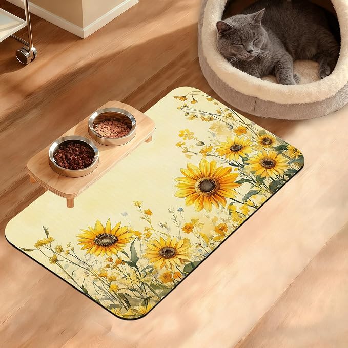 Yellow Floral Feeding Mat, Sunflower Absorbent Quick-Dry Cat Dog Food and Water by Unknown