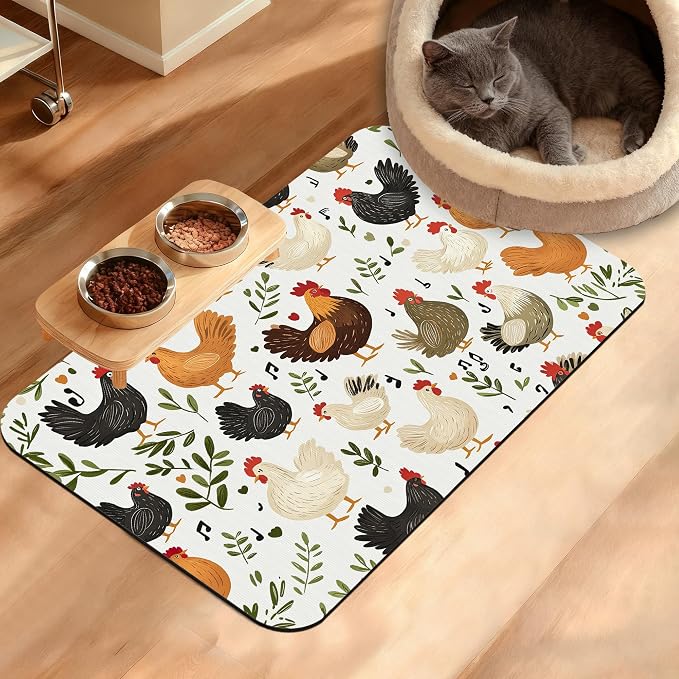 Dog Bowl Mat, Chickens Roosters Pet Feeding Mat by Unknown