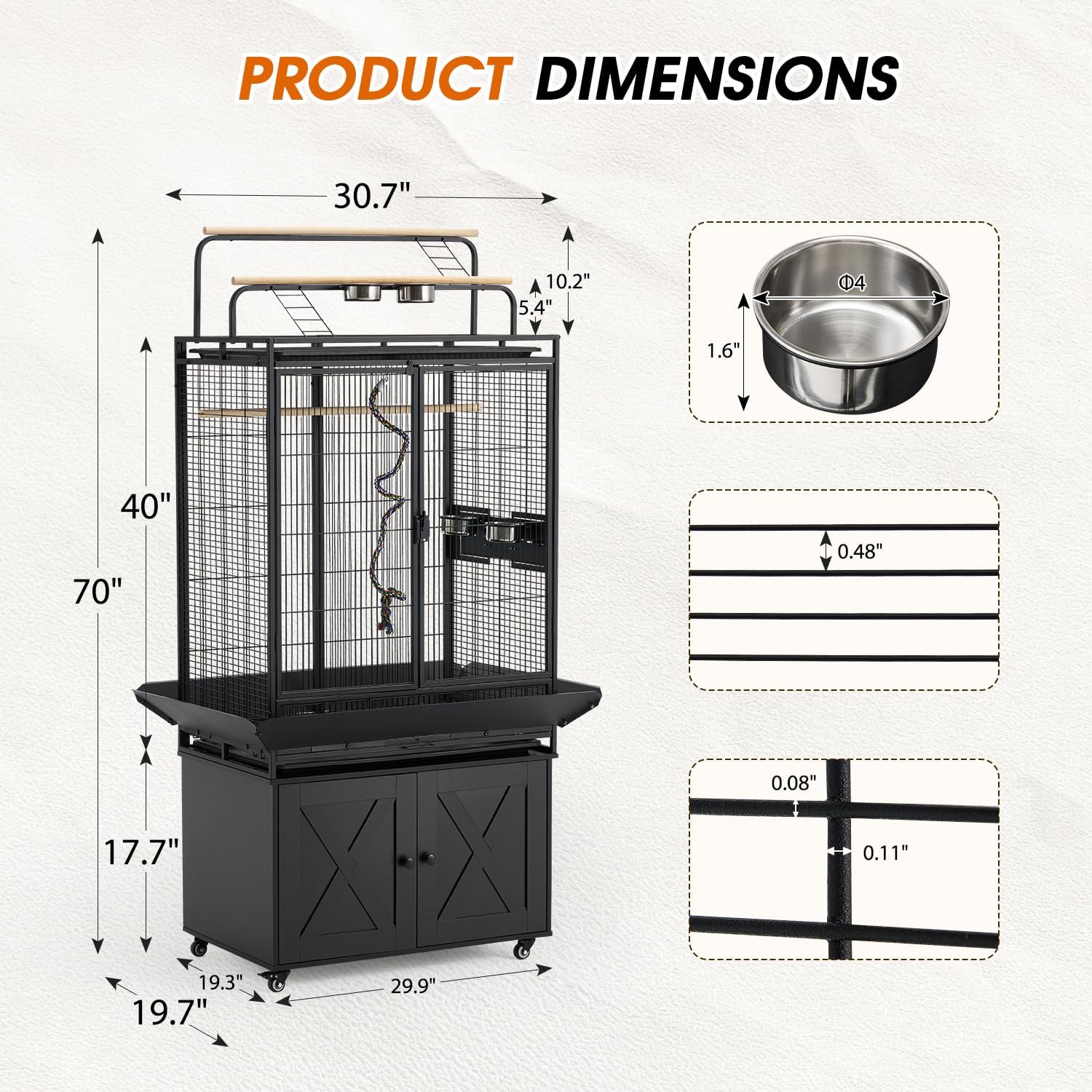 70" Large Bird Cage with Play Top and Storage Cabinet - GlobalHabitat Supply