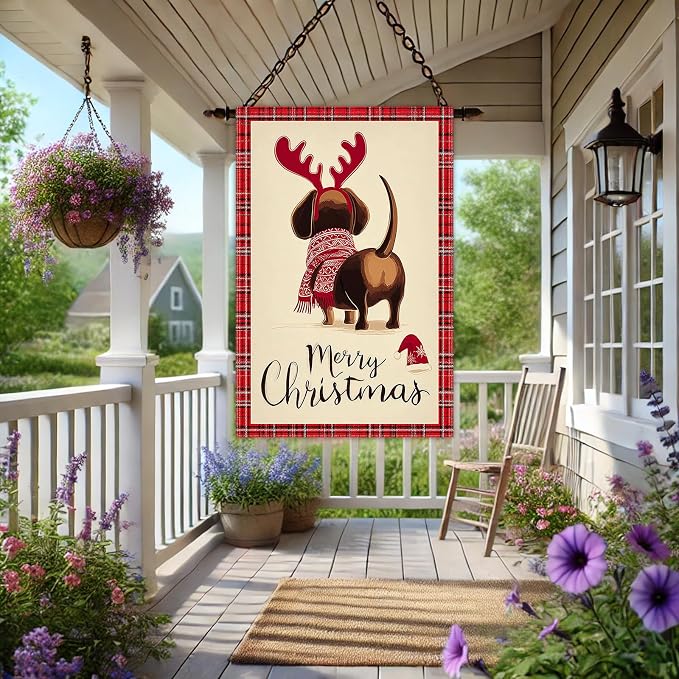 Merry Christmas Garden Flag Back View Dog Reindeer Antlers 28 x 40 Inch Double - Image 8