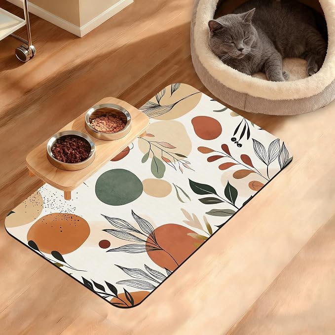 Boho Dog Cat Food Mat, Abstract Leaves Absorbent Waterproof Placemat by Unknown