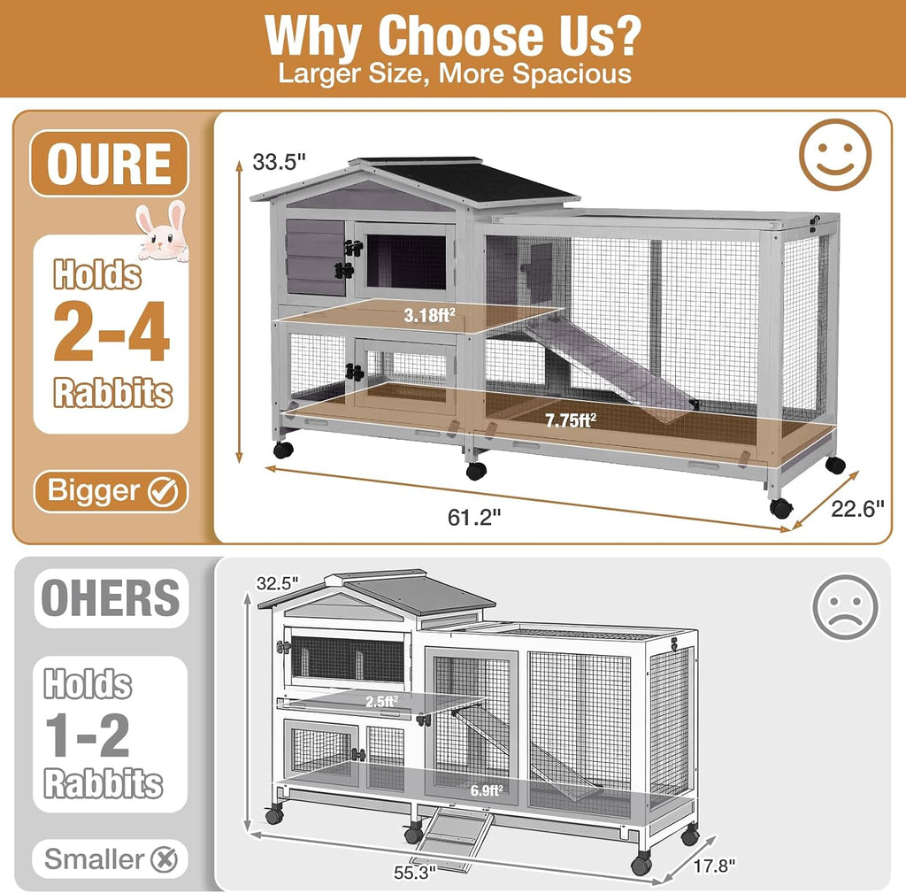 Rabbit Hutch with Waterproof Roof and Pull-Out Tray, 61.2" - GlobalHabitat Supply