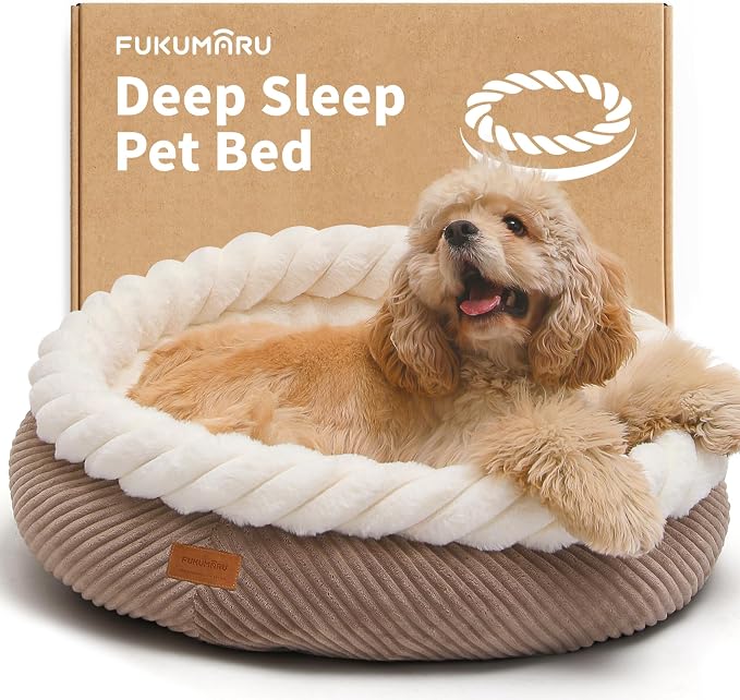 FUKUMARU Dog Bed, Calming Donut Dog Beds, Plush Faux Fur&Corduroy Cat Beds by FUKUMARU
