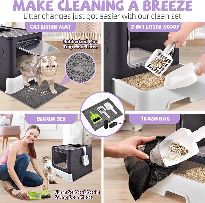 Cat Litter Box with Litter Mat, Foldable Extra Large Free in and Out/One-Way - Image 6