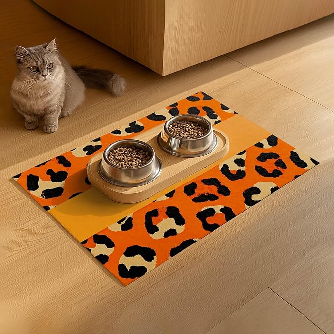 Puppy Feeding Mat 24x16 inch Orange Leopard Print Pet Bowl Placemat Non Slip - Image 9