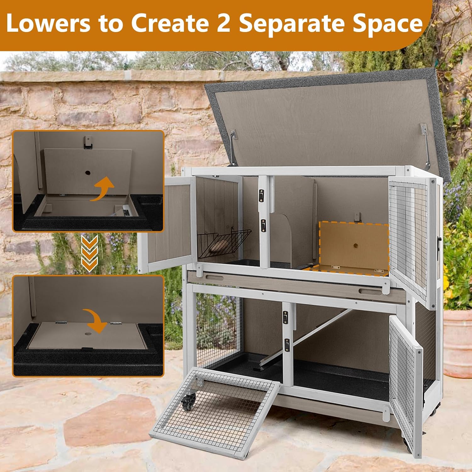 2-Story Wooden Rabbit Cage with 2 Pull-Out Trays, 4 Wheels - GlobalHabitat Supply