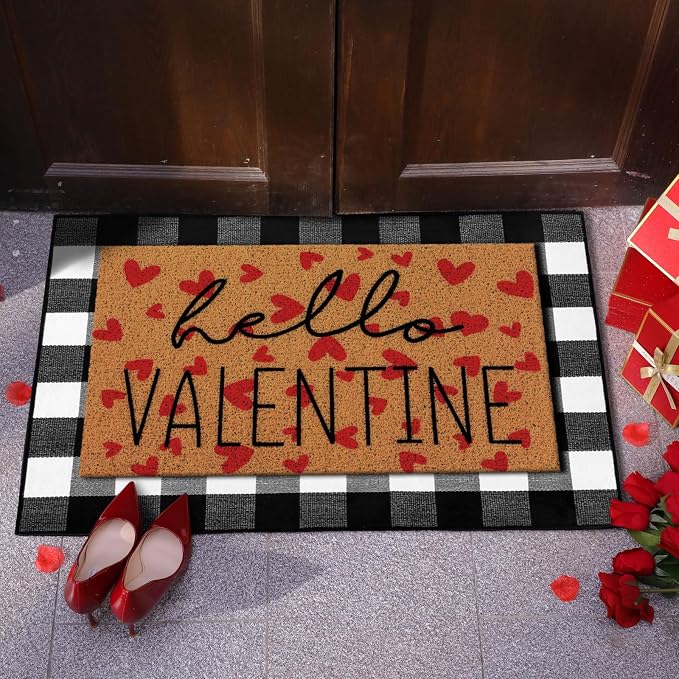 Tinideya 2 Pcs Valentine Door Mat Hello February 14th Welcome Non Slip Coir - Image 5