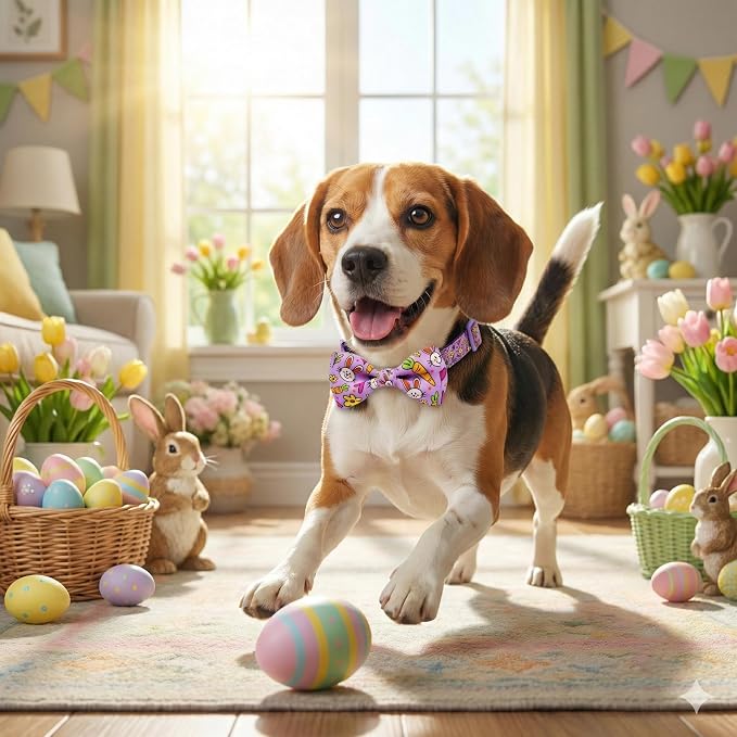 Easter Dog Collar with Bow Tie Set, Adjustable Purple Bunny and Carrot Pattern - Image 7