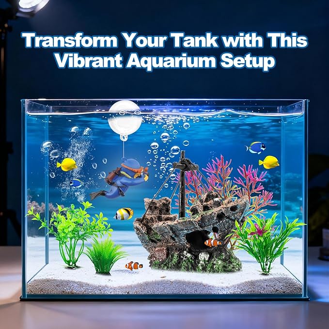 6 Pcs Aquarium Decor Set Shipwreck Decoration Little Diver Floating Fish Tank - Image 2
