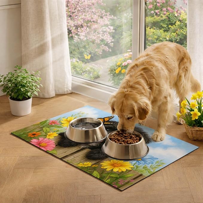 Spring Pet Feeding Mat 24" x 16"Puppy and Butterfly Floral Garden Design Non - Image 3