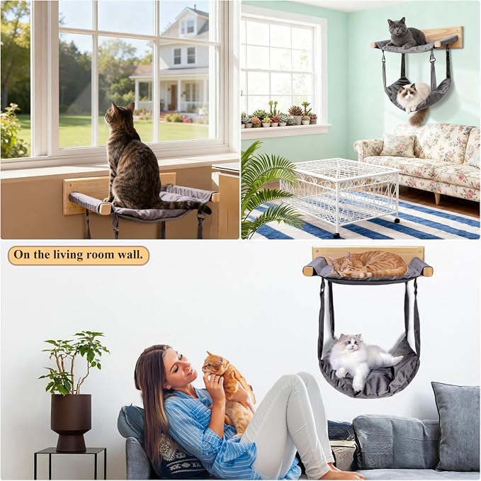 JSPYFITS Wooden Cat Wall Hammock, 18.9 x 12.6 Inch Double Layer Cat Furniture - Image 5
