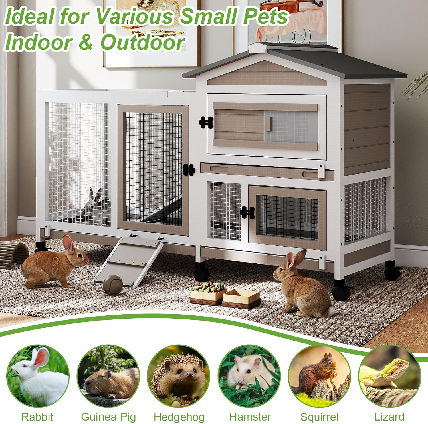 2-Story Wooden Rabbit Hutch with 6 Lockable Wheels - GlobalHabitat Supply