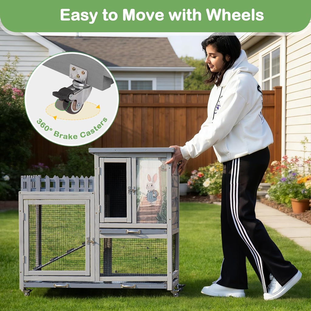 Wood Rabbit Hutch with Balcony and Pull-Out Tray - GlobalHabitat Supply
