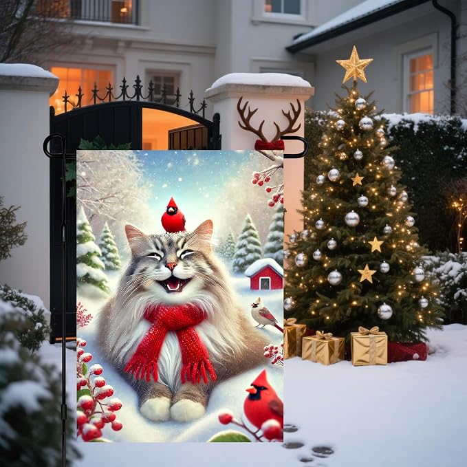 Christmas Garden Flag Cute Cat Red Cardinal Winter Snow Scene Outdoor Yard Flag - Image 5