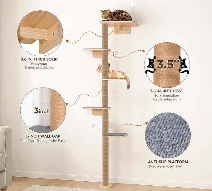 Floor to Ceiling Cat Tree for Kittens, 5-Tier Wall Mounted Cat Wall Shelves - Image 3