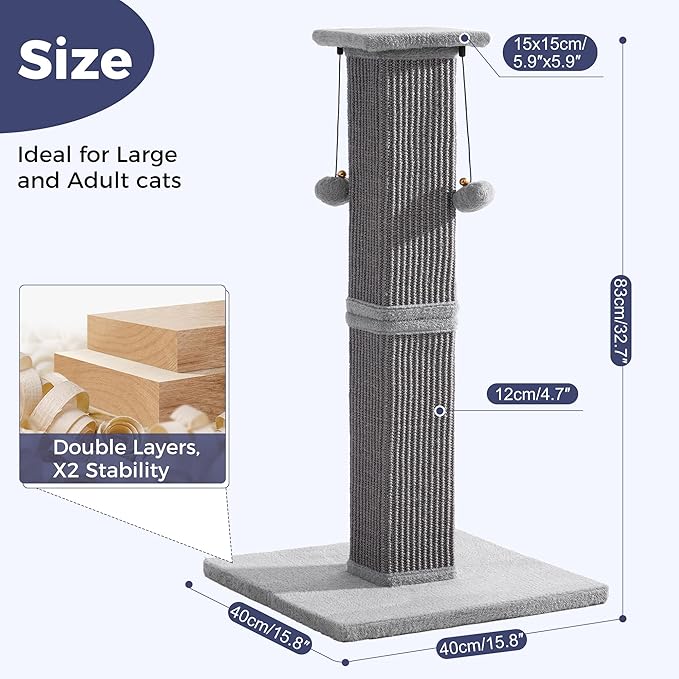 Large Cat Scratching Post with Heavy Duty Base 33" Sturdy Square Sisal Scracher - Image 2