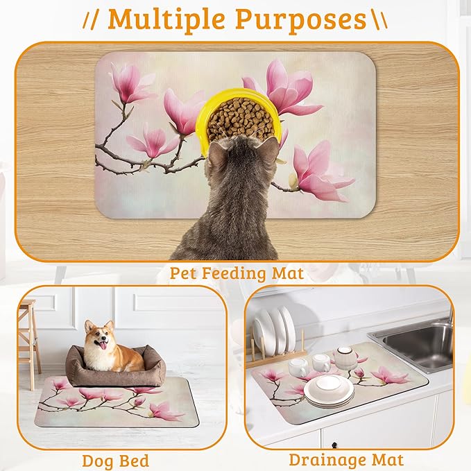 Pink Magnolia Feeding Mat, Vintage Flowers Absorbent Quick-Dry Cat Dog Food and - Image 7