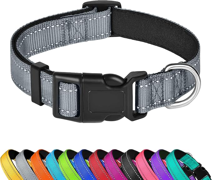 Reflective Dog Collar, Adjustable Soft Neoprene Padded Nylon Pet Collars by PWOD
