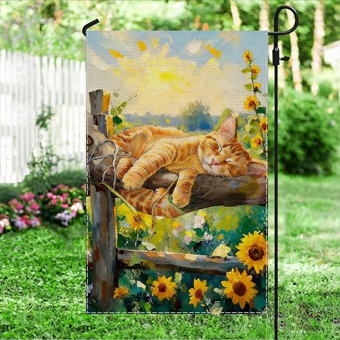 Spring Summer Garden Flag 12x18 inches Double Sided Sleeping Orange Tabby Cat - Image 2