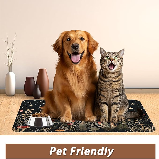 Red Mushrooms Pet Feeding Mat, Wildflower Plant Butterfly Absorbent Quick-Dry - Image 6