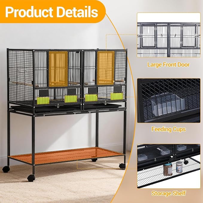 43 Inch Bird Cage with Wooden Perches, Standing Wrought Iron Birdcage with - Image 4