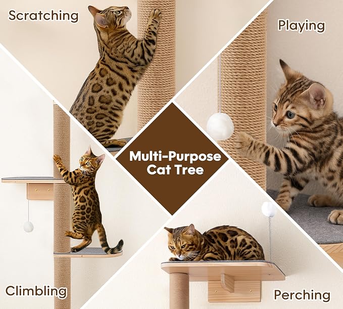 5-Tier Floor-to-Ceiling Cat Tree Tower, Upgraded Grey Felt Kittens Wall Shelves - Image 5