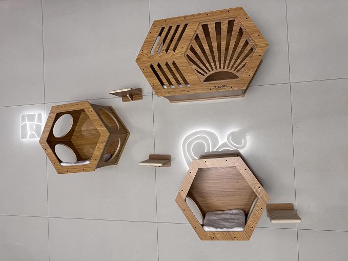 Modern Hexagonal Cat Wall Shelf System, 6-Piece Wood Wall Mounted Cat Furniture - Image 6