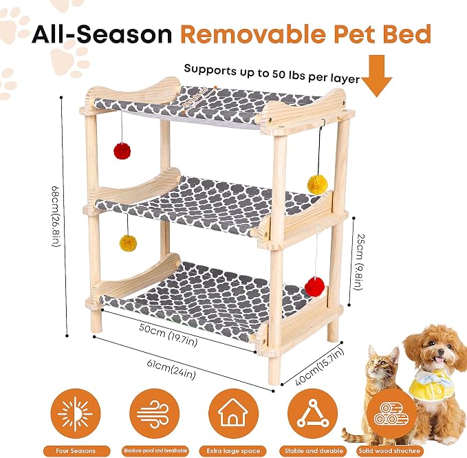 Large 3-Layer Cat Hammock Bed, Breathable Washable Covers, Wooden Pet Furniture - Image 2