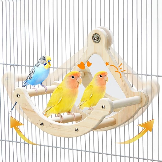 Bird Perch Toy with Mirror for Cage, Interactive Rocking Parakeet Toys and by Jevnd