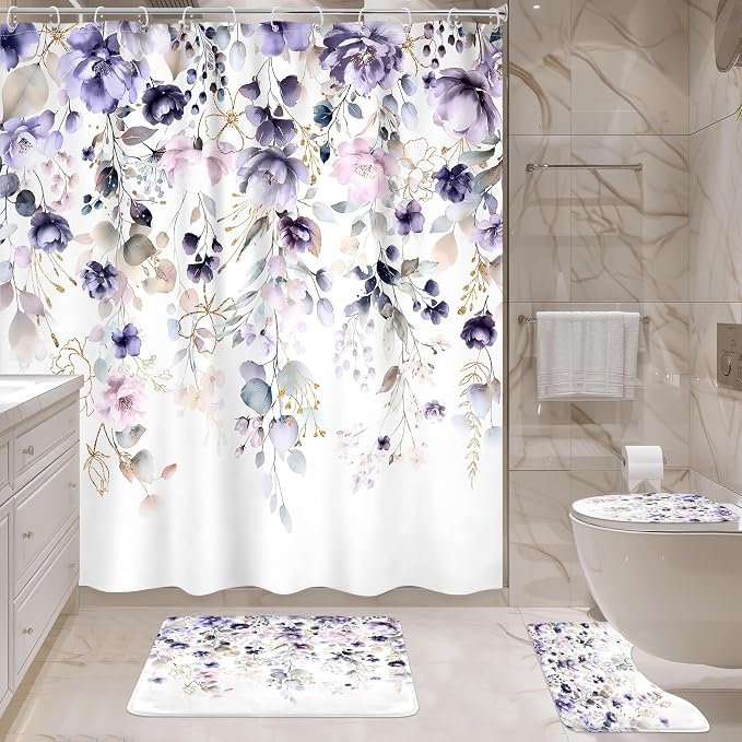 4 PCS Purple Floral Flower Shower Curtain Set 72Wx72H Inch Watercolor Pastel - Image 4