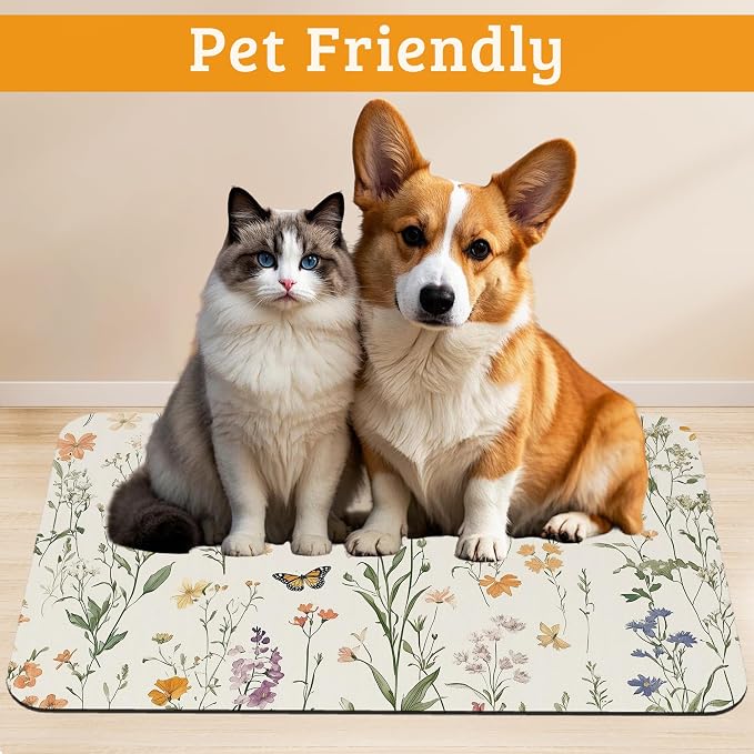 Wildflowers Butterfly Dog Cat Food Mat, Plants Absorbent Waterproof Placemat - Image 2