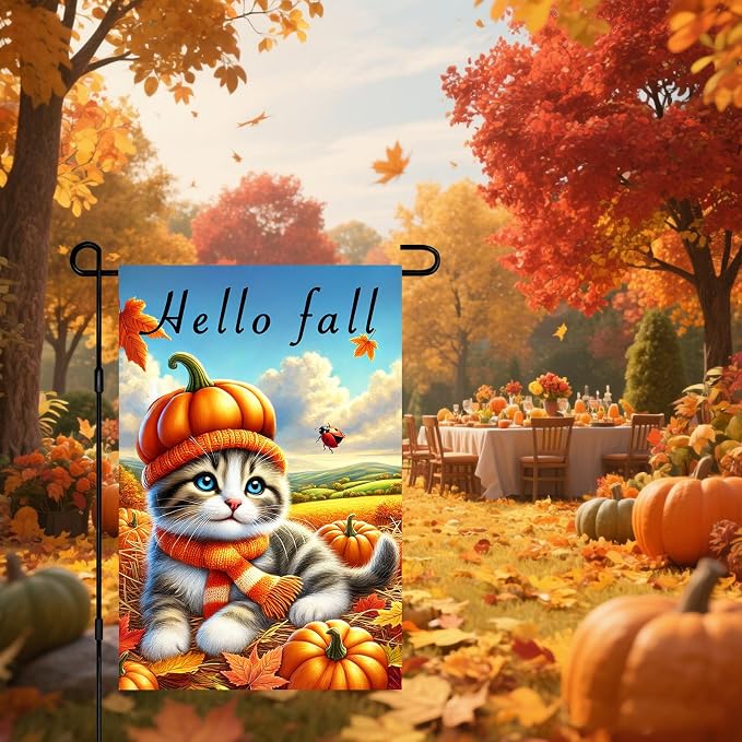 Hello Fall Garden Flag Cute Kitten Pumpkin Hat Scarf Flag 12x18 Inch Autumn Pet - Image 7