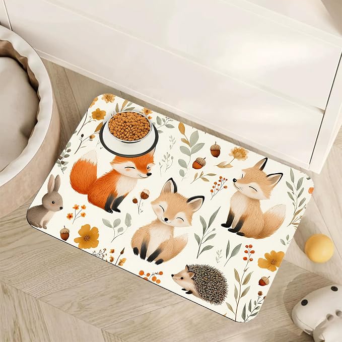 Fox Hedgehog Rabbit Forest Dog Cat Food Mat, Absorbent Pet Feeding Mat by Unknown