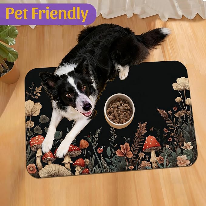 Vintage Mushroom Flower Pet Feeding Mat, Absorbent Dog Cat Bowl Pad, Fast Dry - Image 7