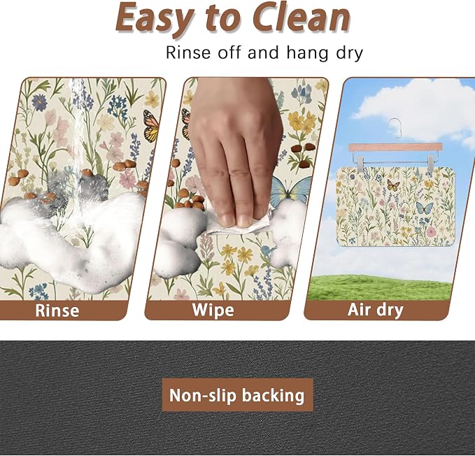 Wildflowers Dog Cat Food Mat, Vintage Botanical Garden Plants Herb Butterfly - Image 4