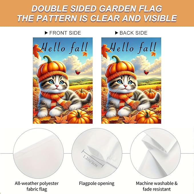 Hello Fall Garden Flag Cute Kitten Pumpkin Hat Scarf Flag 12x18 Inch Autumn Pet - Image 4