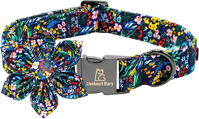 Lionheart glory Dog Collar Darkblue Flower Dog Bow Collars Floral Dog Collar by LionheartGlory