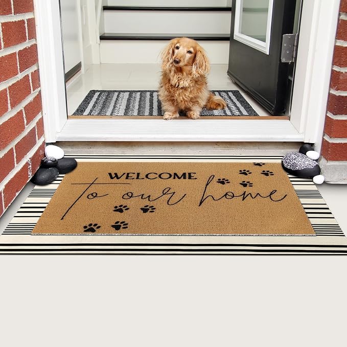 Tinideya 2 Pcs Pet Theme Door Mat Paw Welcome Non Slip Coir Mats Dog Cat Floor - Image 4