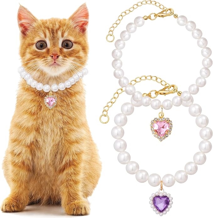 2pcs Cat Pearl Collar with Heart Pendant, Cute Pearl Pet Necklace in Small by Unknown