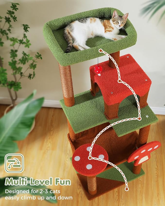 Mushroom Cat Tree Tower with Removable Scratcher, Large Hammock, 3 Sisal Posts - Image 6