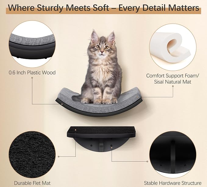 Cat Wall Shelf, Curved Cats Wall Bed, Wall Mounted Cat Grey Climbing Shelves - Image 2