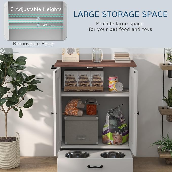 PawHut Pet Feeding Station, Elevated Dog Bowls, Dog Food Storage Cabinet - Image 5