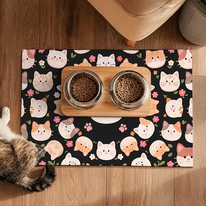 Cat Feeding Mat 24x16 inch Black Kitten Print Pet Bowl Placemat Non Slip Floor - Image 5