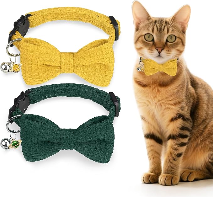 Cat Collar Breakaway with Bells, Soft Cotton Green Cat Bowtie Collar by DILLYBUD