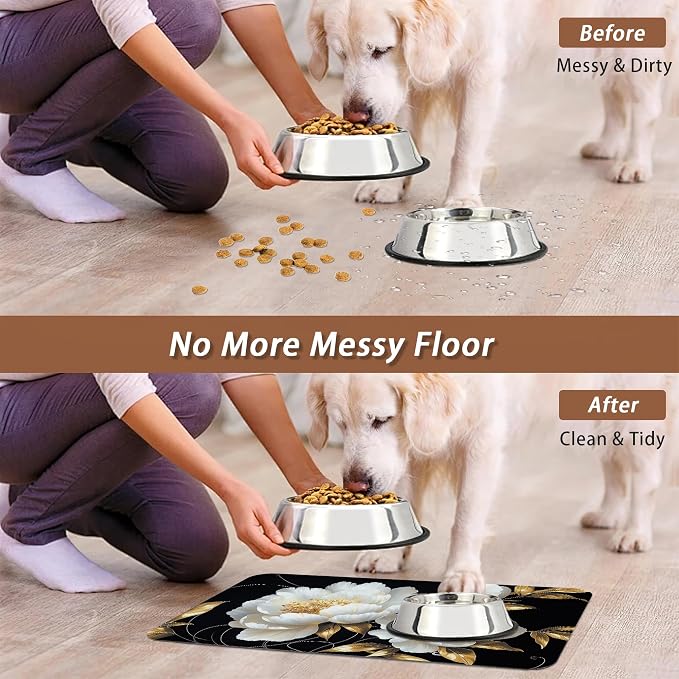 White Flowers Pet Feeding Mat, Glitter BloomingAbsorbent Quick-Dry Cat Dog Food - Image 5